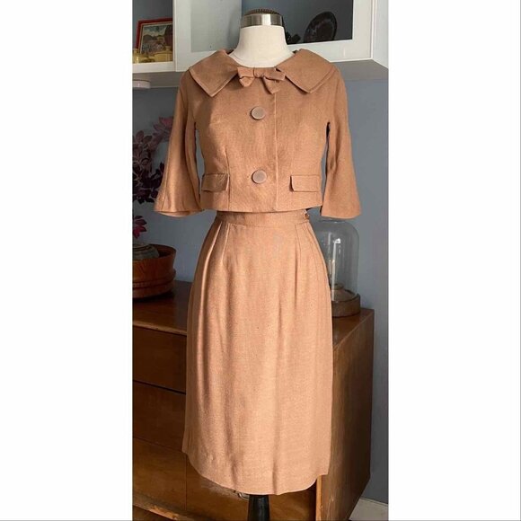 Vtg 60’s Jackie Stuart Cropped Jacket Skirt Suit Tweed Camel Office Mad Men XS/S